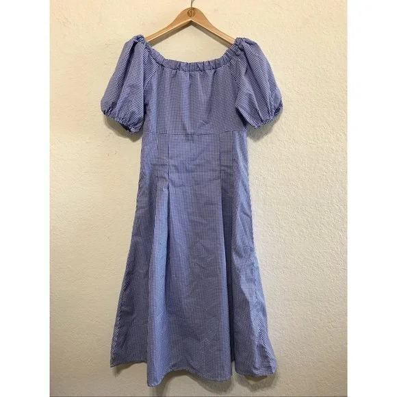 J. ING Off-Shoulder Gingham Blue Midi Fit & Flare Dress NWT Womens Size Large - Picture 9 of 14